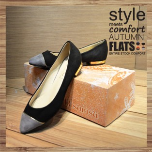 Two Tone Contrast Pointed Ladies Flat | black-grey | Handmade | RS2921A