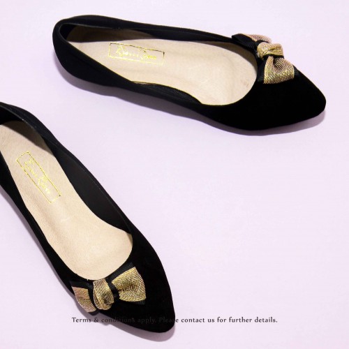 Gold Ribbon Flat Pumps | Streamline pointed design | Handmade | Black | RS6915A