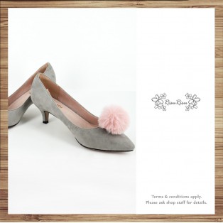Risurisu Low heels / Handmade / Full leather / Colored fur ball  / Grey / RS7133A
