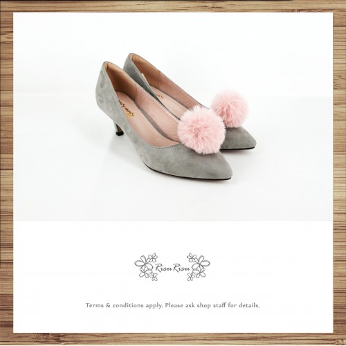 Risurisu Low heels / Handmade / Full leather / Colored fur ball  / Grey / RS7133A