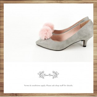 Risurisu Low heels / Handmade / Full leather / Colored fur ball  / Grey / RS7133A