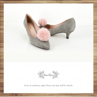 Risurisu Low heels / Handmade / Full leather / Colored fur ball  / Grey / RS7133A